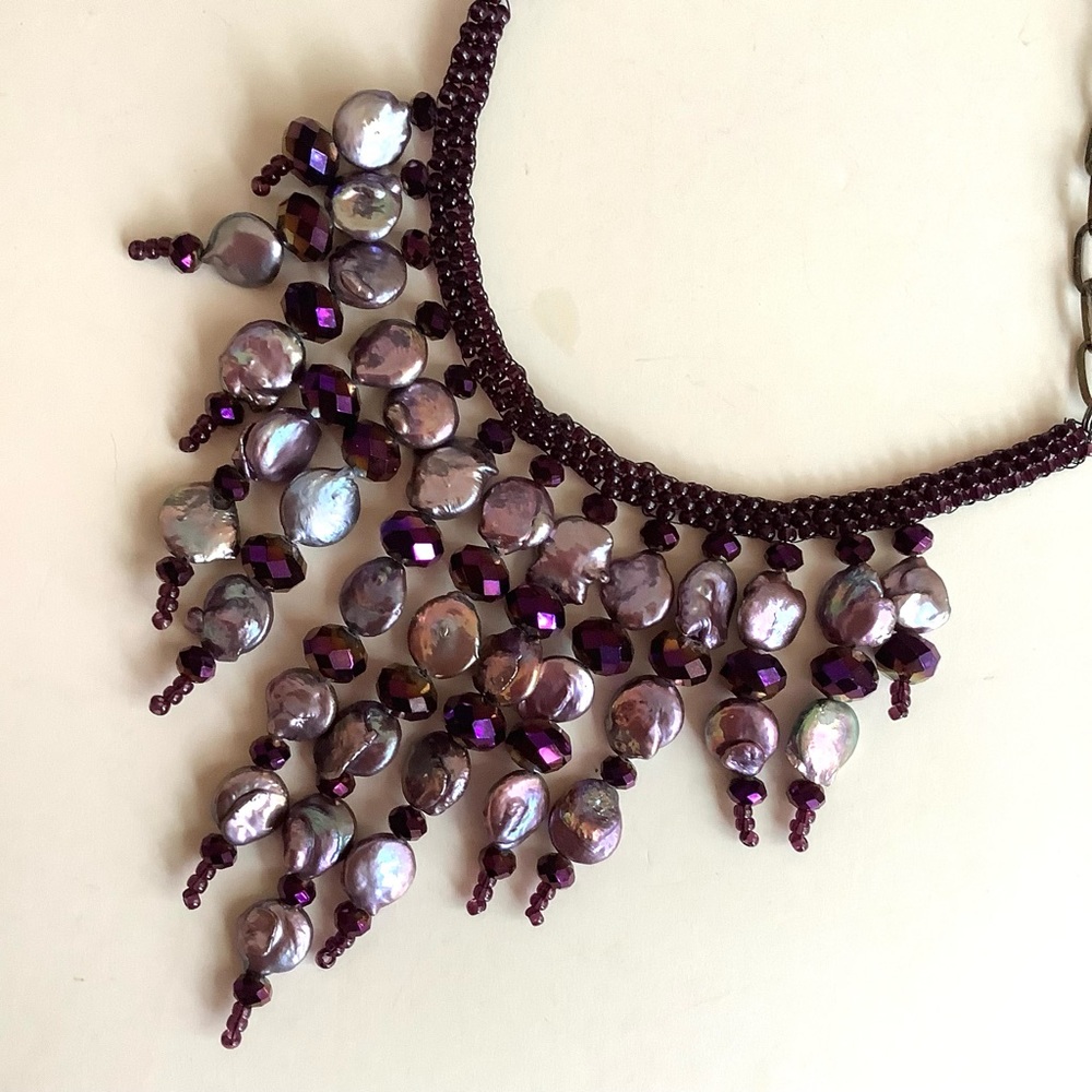 Pearl beaded bib waterfall necklace in lavender and purple